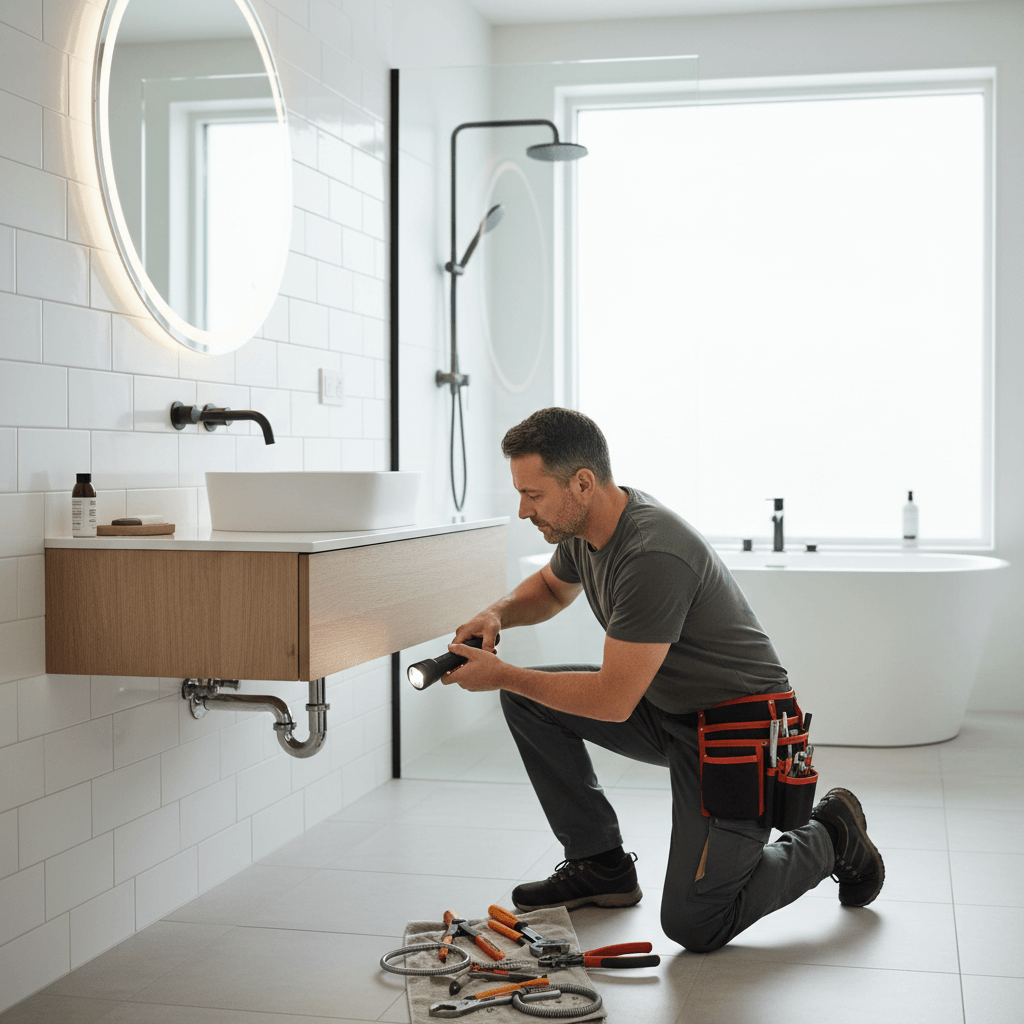 Fachmann bei der Beseitigung einer Rohrverstopfung im Badezimmer