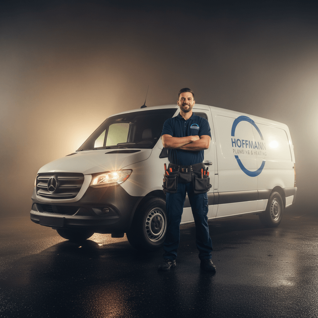 Sanitär Notdienst Mitarbeiter vor Einsatzfahrzeug